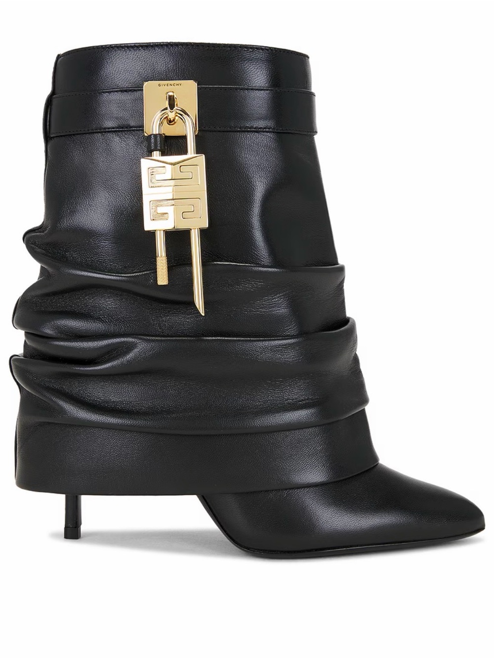 Givenchy Black Leather Slouch Ankle Boots with Gold Padlock Charm